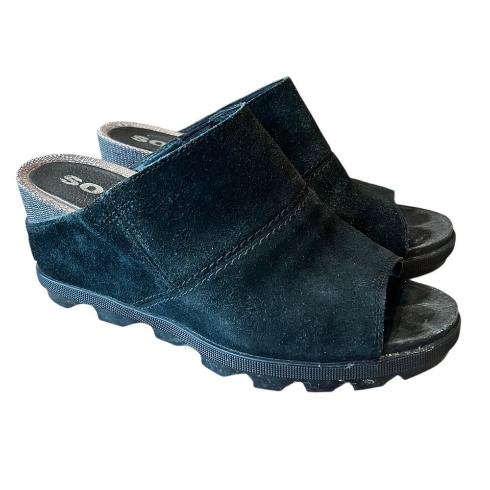 Sorel Joanie II Slide Sandal Black Suede Wedge Slip On Womens 9